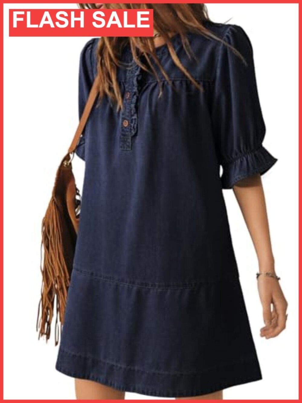 Denim Ruffle Short Sleeve Button A-Line Mini Dress